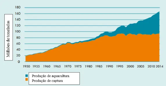 Figura 1.1.1 - Produção total mundial das pescas e aquacultura em milhões de toneladas 