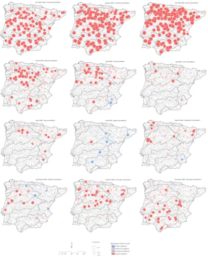 Fig. 3. Spatial distribution of the correlations between the monthly NAO index and the subse- subse-quent monthly SSI’s.