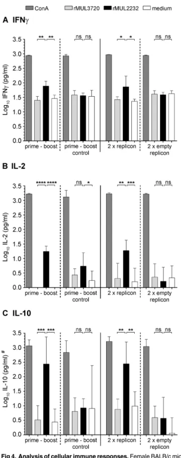 Fig 4. Analysis of cellular immune responses. Female BALB/c mice (n = 5) were immunized once with VSV*ΔG(MUL2232) (i.m.) and boosted with rMUL2232 (s.c., prime-boost) or were immunized with VSV*ΔG (i.m.) and boosted with rMUL2232 (s.c., prime-boost control