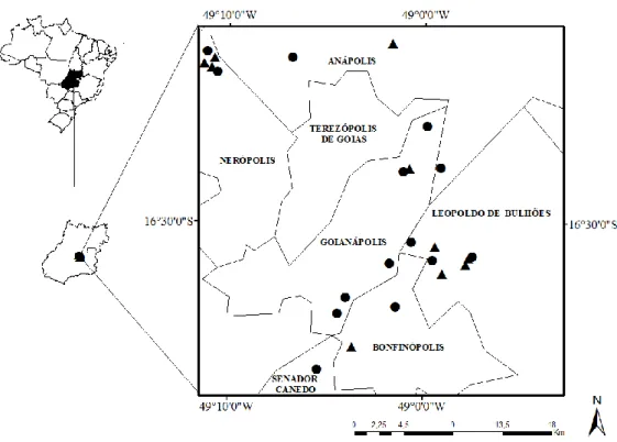 Figura  1. Localização  de  10  cultivos  de  tomate  convencional  estaqueado  em  campo  aberto em 2010 e de 14 cultivos em 2011