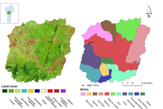 Figure 1. Land cover and Subwatershed Ecosystem Accounting Units (SEAUs) of the Upper Ouémé watershed