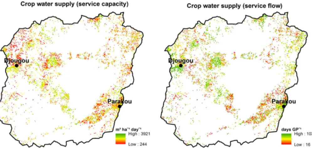 Figure 4. Spatial distribution of mean seasonal values of service capacity and service flow of crop water supply of upland agricultural areas in the Upper Ouémé watershed from the year 2001 to 2012 (GP indicates growing period).