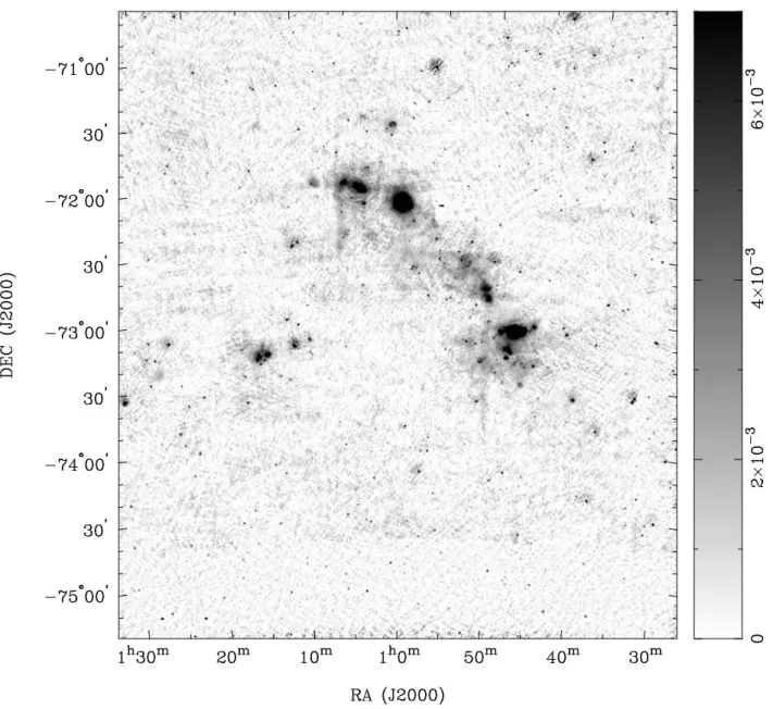 Fig. 2. The SMC at 6 cm with zero-spacing data. The map has a resolution of 30 ′′ . The sidebar gives the intensity scale in units of Jy/beam