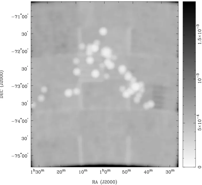 Fig. 5. Theoretical r.m.s. sensitivity map of the 6 cm data used in this study in Jy/beam