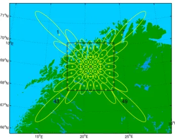 Fig. 1. Beam projection of IRIS at 90 km altitude. The contours de- de-fine the − 3 dB points and the black square shows the calculated field of view used in the IRIS images