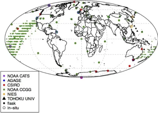 Fig. 1. Map of observation sites and ship tracks by network.