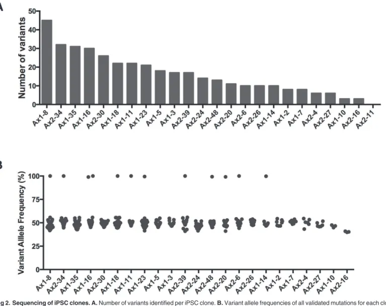 Fig 2. Sequencing of iPSC clones. A. Number of variants identified per iPSC clone. B. Variant allele frequencies of all validated mutations for each clone.