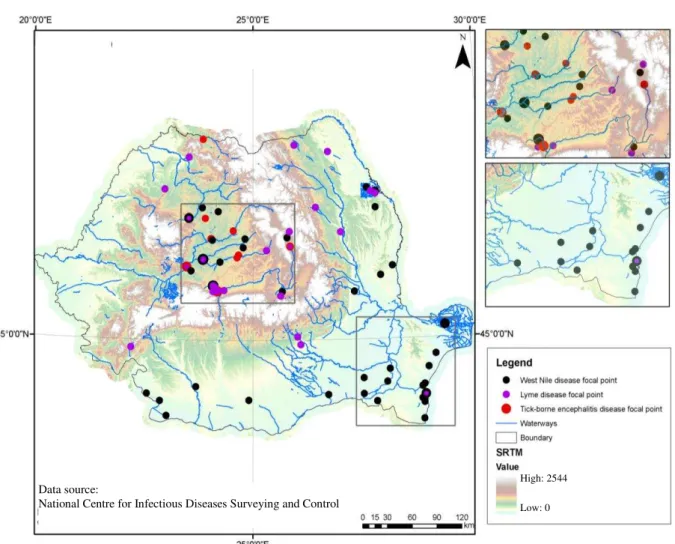 Figure 2. Geographical distribution of vector-borne diseases in Romania between 2009 and 2011 