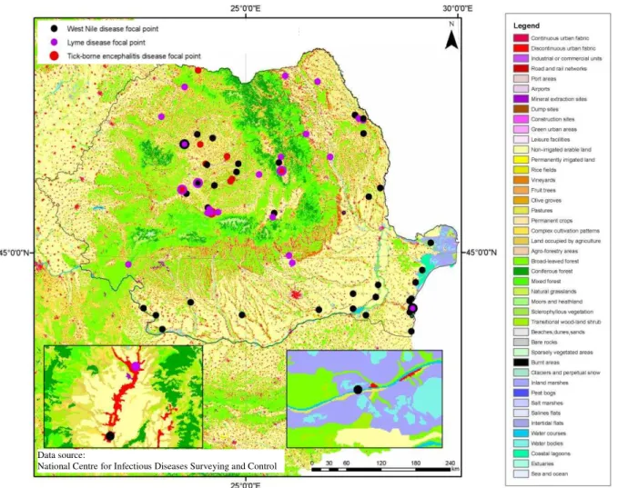Figure 3. Vector-borne diseases distribution in Romania between 2009 and 2011  based on Corine Land Cover database 