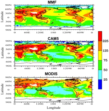 Fig. 6. PD annual-averaged cloud-top droplet number concentrations (cm −3 ) derived from the MMF (upper panel), CAM5 (middle panel) and MODIS (lower panel).