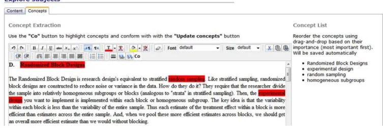 Fig. 1: Screenshot with the learner view form the enhanced EAQC for manual selection of concepts as part of the automated creation of test items.