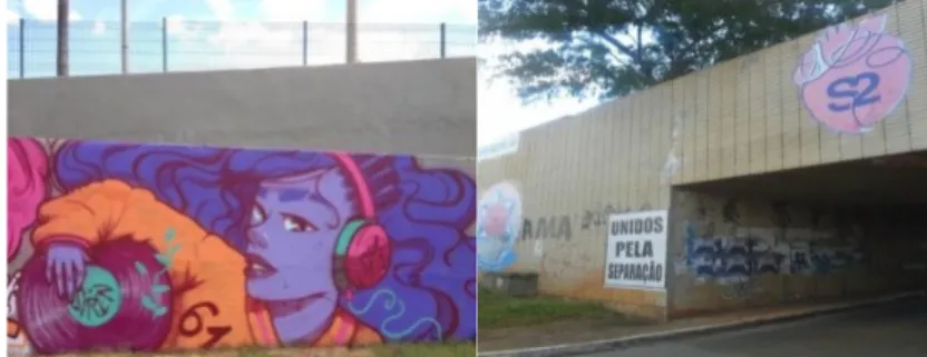 Foto 1 - Grafitte da artísta de rua Siren em Brasília, foto de Siren. Foto 2 - Passagem pela Esplanada dos  Ministérios Brasília