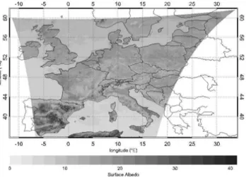 Fig. 1. Background surface albedo (A in %) for June 2006 from minimum value compositing method