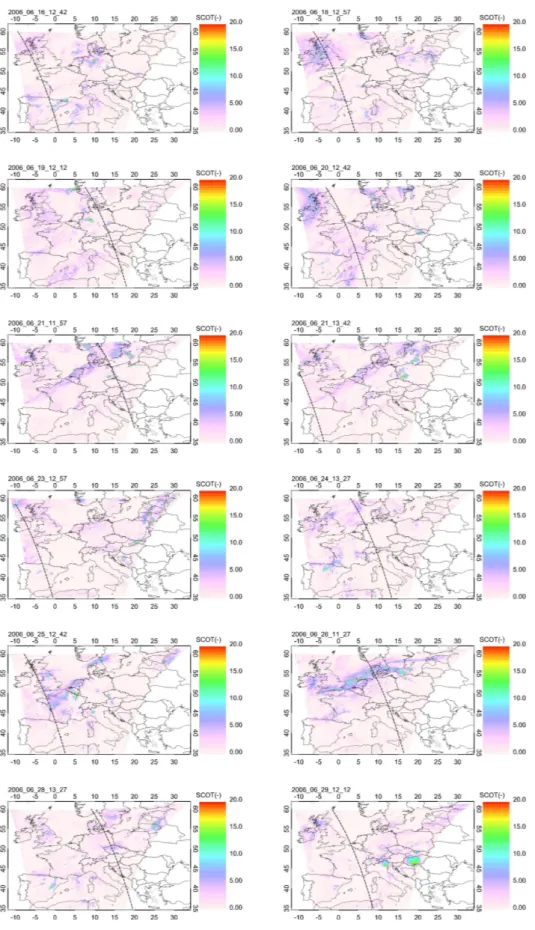 Fig. 3. SCOT fields at several selected instants, shown on top left of each map, corresponding to passes of the CloudSat instrument