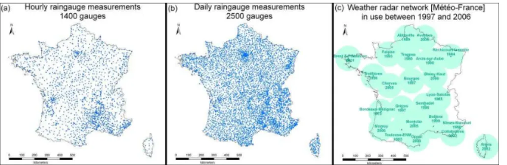 Fig. 1. Structures of the operational measurement network for precipitation estimates between 1997 and 2006