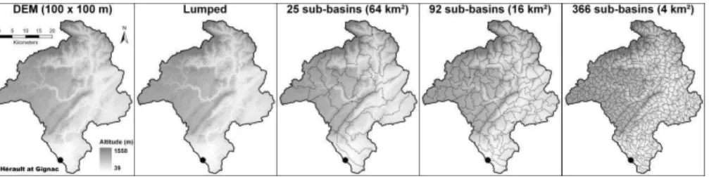 Fig. 4. Example of lumped and semi-distributed catchment discretizations (with unit sizes of 64, 16 and 4 km 2 ) for the Hérault catchment at Gignac (1430 km 2 ).