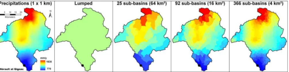 Fig. 5. Distributed precipitation forcing (10 yr average) for the catchment discretizations of the Hérault catchment at Gignac (1430 km 2 ) shown in Fig