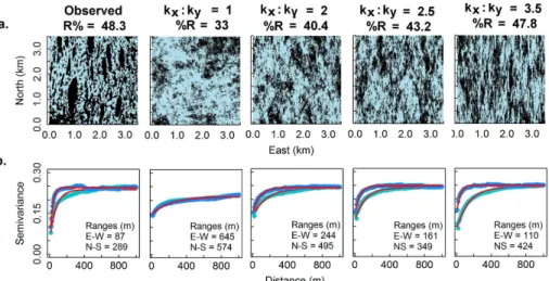 Figure 4. (a) Example reference and simulated landscapes (black = ridge; blue = slough) for k y = 0.2 and k x : k y = 1, 2, 2.5, and 3.5, (b) indicator semivariograms (blue = East–West; green