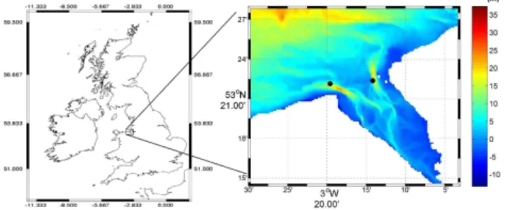 Figure 1. Location of the Dee Estuary in the Irish Sea. Right figure shows the Dee bathymetry and location of rigs at the Welsh (West) and Hilbre (East) channels