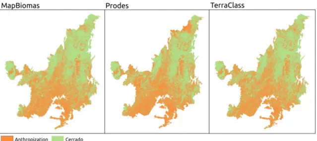 Figure 2 - Three reclassified estimations (MapBiomas, Prodes, and TerraClass) for  anthropization of Cerrado in the temporal intersection of 2013.