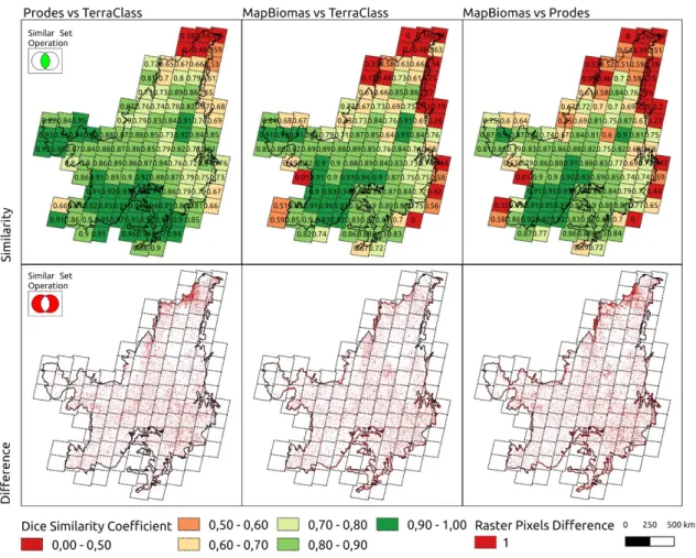 Figure 4  - Dice similarity coefficient (DSC) comparison and raster pixel difference calculated in combinations of 2 by 2 with the respective value (top) and the raster difference pixel by pixel (down).