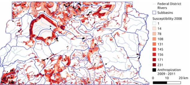 Figure 3  - Susceptibility to anthropization int the Federal District (FD) for 2008 (1 (low) to 254 (high) probability) by considering the PROBIO dataset for 2002 and 2008 and   anthropization   occurred   from   2009   to   2011   and   adherence   of   s