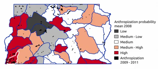 Figure 4  - Mean anthropization probability for the Federal District (FD) in 2008 (1 (low) to 254 (high)) with Jenkins breaks, based on the PROBIO dataset from 2002 to 2008   and   anthropization   occurred   from   2009   to   2001   (black   spots)