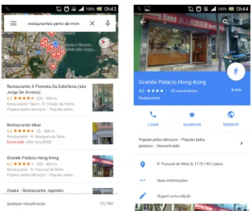Figura 2.5 Lista de restaurantes no Google Maps versão Android (Esquerda) e perfil de um  restaurante no Google Plus versão Android (Direita) 