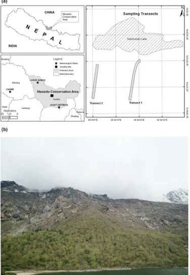Figure 2. Location map of the study area showing the position of the study plots and local meteorological stations (a), and a photo of the study site showing treeline, species limit and some portion of Kalchuman Lake (b).