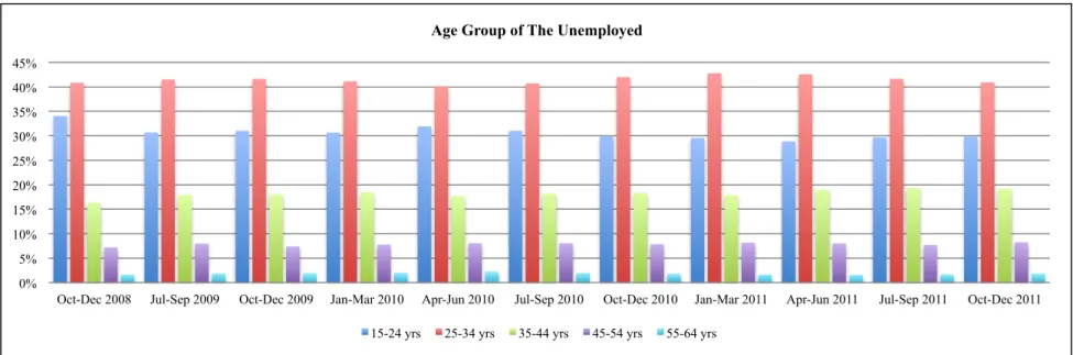 Figure 20 Age Group of The Unemployed Source: (Statistics South Africa, 2009 Statistics South Africa, 2010; Statistics South Africa, 2011) 0% 10% 20% 30% 40% 2002  2003  2004  2005  2006  2007  2008  2009  2010  2011 Unemployment Rate Unemployment rate 0% 