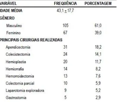 TABELA  1  -  Dados  demográficos,  cirurgias  realizadas  e  drogas  utilizadas  pelos  pacientes  submetidos à cirurgia geral em Hospital Universitário