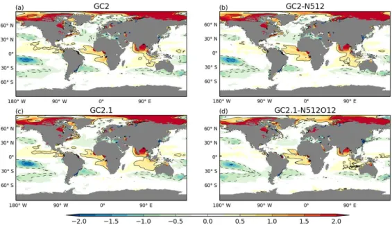 Figure 4. Differences between modelled SSS from years 11 to 20 and observed SSS from EN4 (psu) for (a) GC2, (b) GC2–N512, (c) GC2.1 and (d) GC2.1–N512O12.