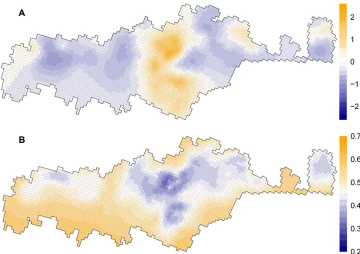 Table  4.  Posterior  medians  of  parameter  estimates  (with 95% credible intervals) for a spatially explicit version of the simplest and top-ranked model