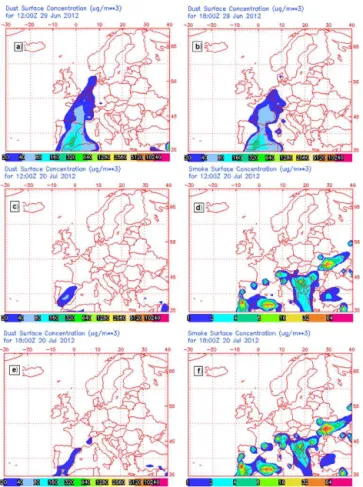 Figure 7. Total surface dust and biomass burning concentration pre- pre-dicted by the NAAPS model for 29 June at (a) 12:00 UTC and (b) 18:00 UTC, (c, d) 20 July 12:00 UTC, and (e, f) 20 July 18:00 UTC.