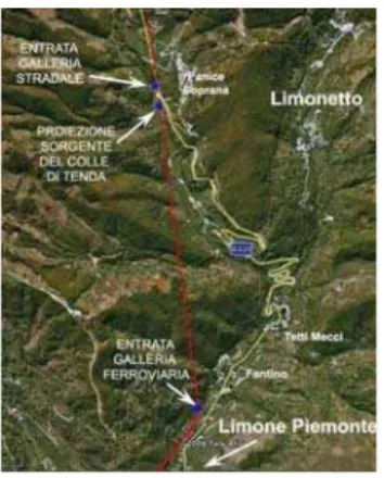 Fig. 2: Detail showing the area under examination. The  aerial view shows the entrances to the two tunnels,  the projection of the Sorgente di Tenda on the  natural surface and the route of the rail tunnel 