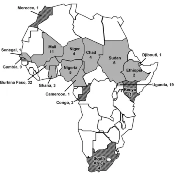 Figure 1. Map of Africa showing the source countries (gray) for the isolates and the number of isolates from that country.