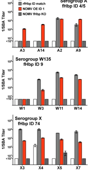 Figure 7. Bactericidal activity of serum pools from mice immunized with recombinant fHbp vaccines, or NOMV  vac-cines prepared from mutants of group B strain H44/76 with over-expressed or inactivated fHbp ID 1
