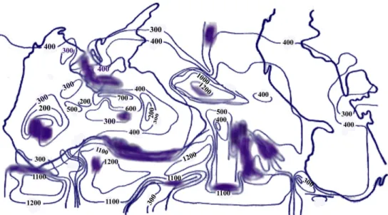 Fig. 4. Vertical thermodisplacements of the Caucasus and the Black and the Caspian Seas water areas.