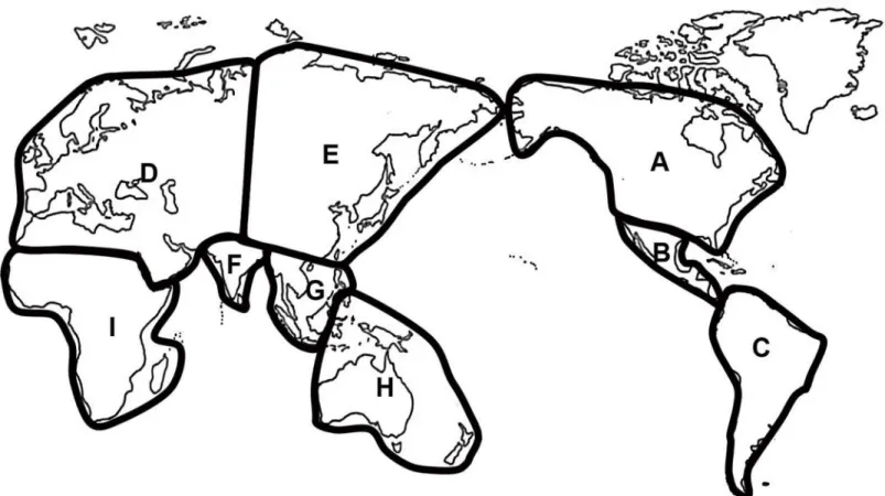 Fig 1. Defined Zoogeographic regions in this study. A: Nearctic region; B: Panamanian region; C: Neotropical region; D: West Palearctic and Saharo- Saharo-Arabian regions; E: Sino-Japanese and East Palearctic regions; F: India; G: Oriental region; H: Ocean