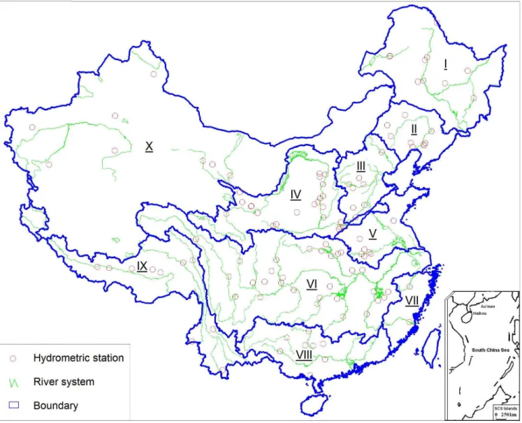 Fig. 1. Major river systems in China and locations of sub-catchments for model calibration.