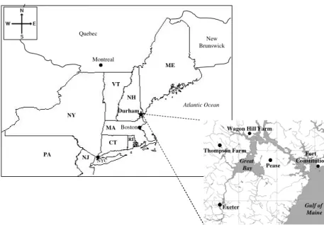 Fig. 1. Map detailing the location of Thompson Farm in Durham, New Hampshire, and (inset) the sampling sites used during the Great Bay experiment.