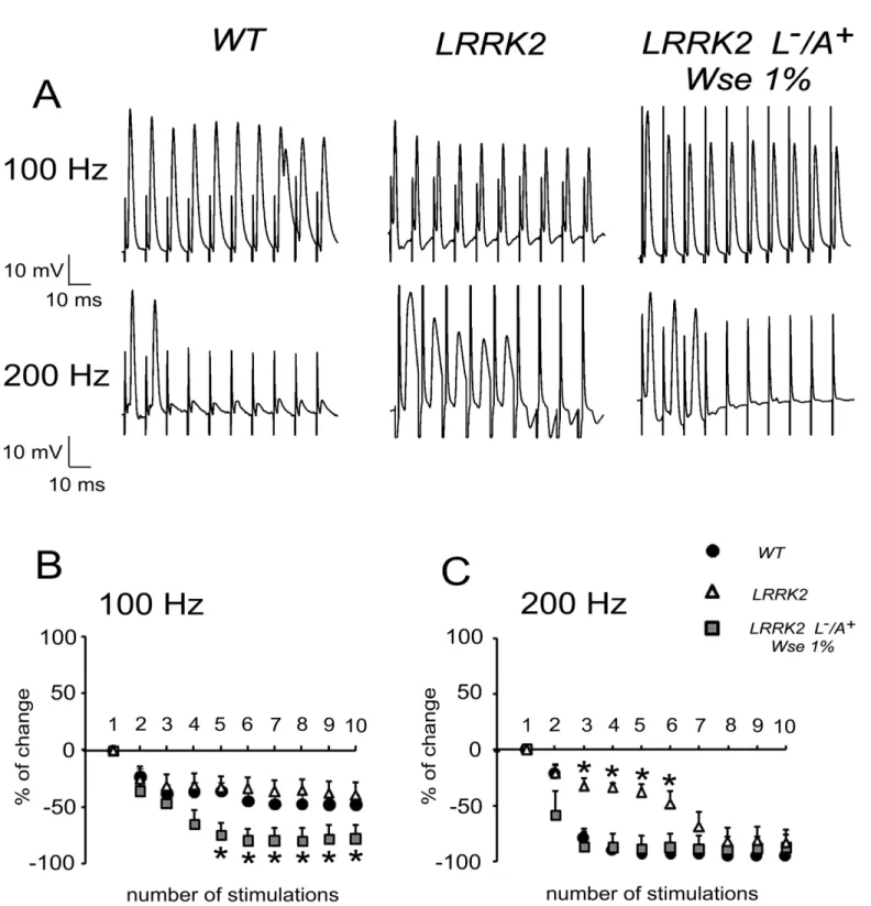 Fig 4. Effect of LRRK2 gene mutation and treatment with Wse on the “ frequency of following ” recorded in Drosophila DLM