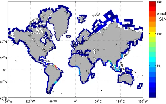 Fig. 1. Integrated annual flux of silica as added in the model grid, according to the 129 coastal segments from the COSCAT approach