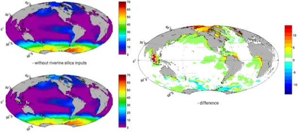 Fig. 2. River contribution to the surface silicic acid concentration. (Left) Sea surface map concentration of the silicic acid in µmol l −1 : without riverine silica inputs (top) – with riverine silica inputs (bottom) and the computed di ff erence with/wit