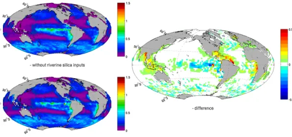 Fig. 5. Rivers contribution to the Opal export production in mol Si m −2 year −1 – without silica riverine inputs (top-left) – with silica riverine inputs (bottom-left) and the computed di ff erence with/without riverine silica inputs (right).