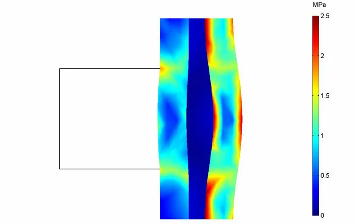 Figure 6. von Mises stress distribution (contour) and deformed shape plot (scale enlarged 200 times) in  the MEA at ambient temperature of 300.15 K (27 C) and relative humidity of 80%