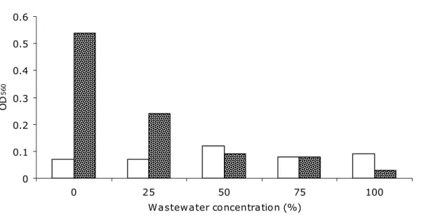 Figure 2. Growth rate of S. platensis when cultured in varied concentrations of  wastewater 