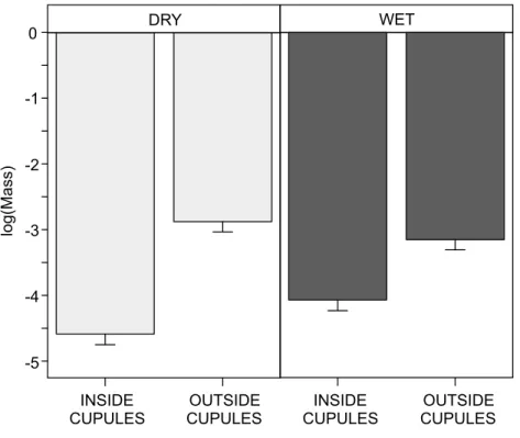 Figure 5 Interactive effect of water availability on the log-body mass (mg) of soil invertebrates found inside and outside the beech cupules