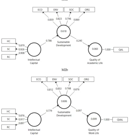 Figure 3. Complete final structural models of M1b and M2b, and the respective weights and loadings.