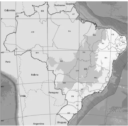 Figure 1.  A schematic view of the Brazilian “Cerrado” biome (darker area in the center of the  country)